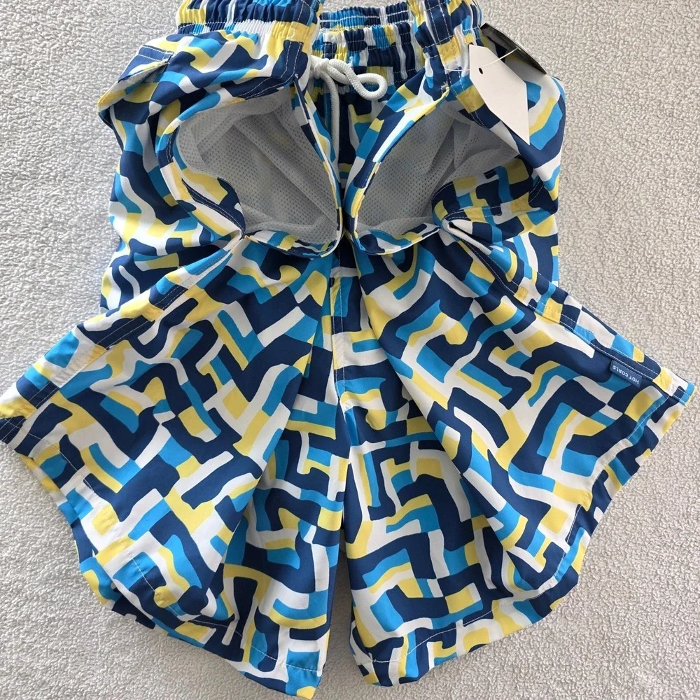 Hot‎ Coals Mens XL Swim Trunks Blue Yellow Geometric Maze Quick Dry UPF 50+ NWT